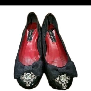 Brighton Black Women's Flats with Bow and Jewel Detail